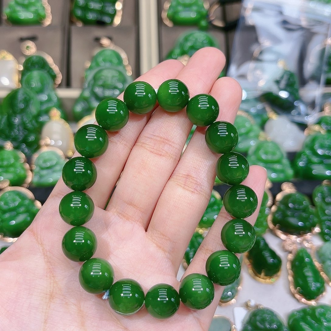 和田玉（碧玉）手串未镶嵌12m阳绿单圈