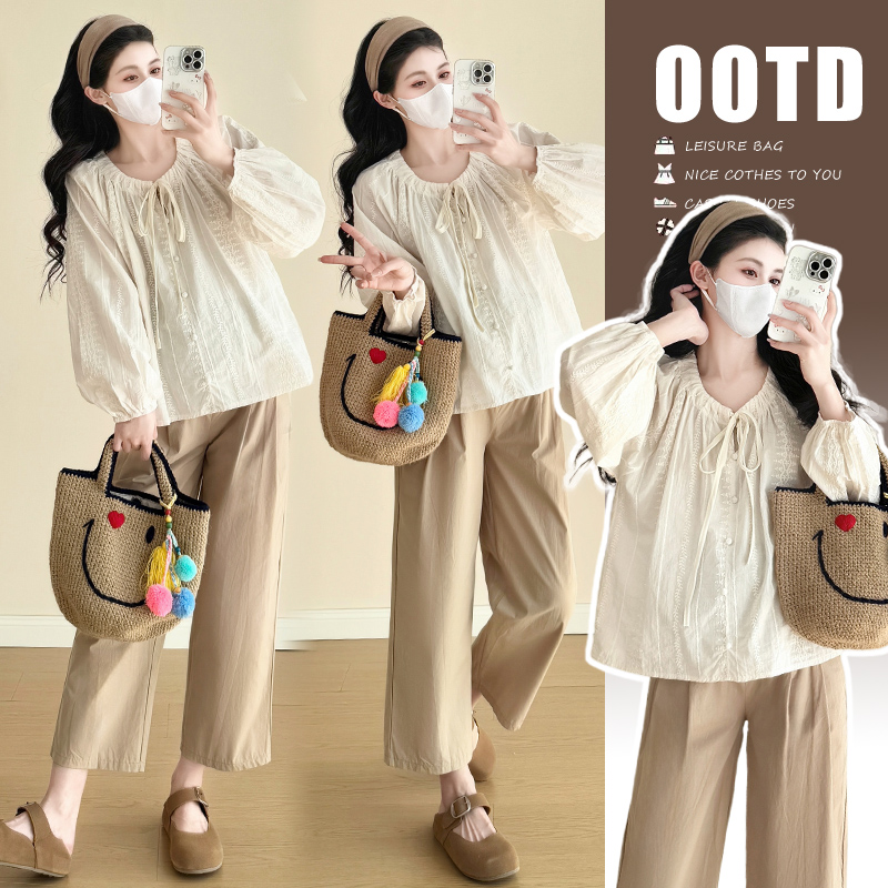 F10#2.17 2.17 2025早春新款棉麻提花圆系带领衬衣+托腹长裤套装