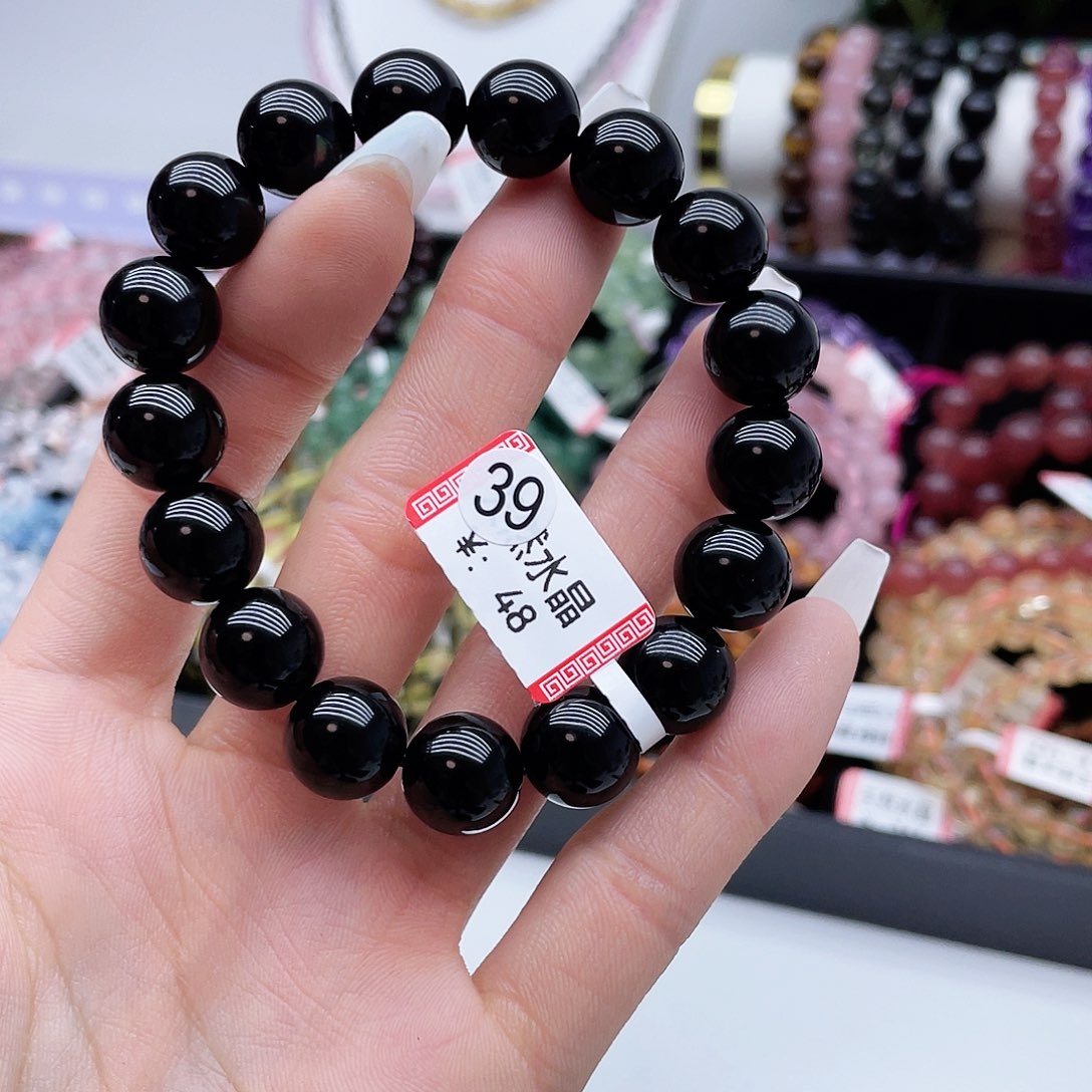 水晶手链未镶嵌黑曜石12mm+