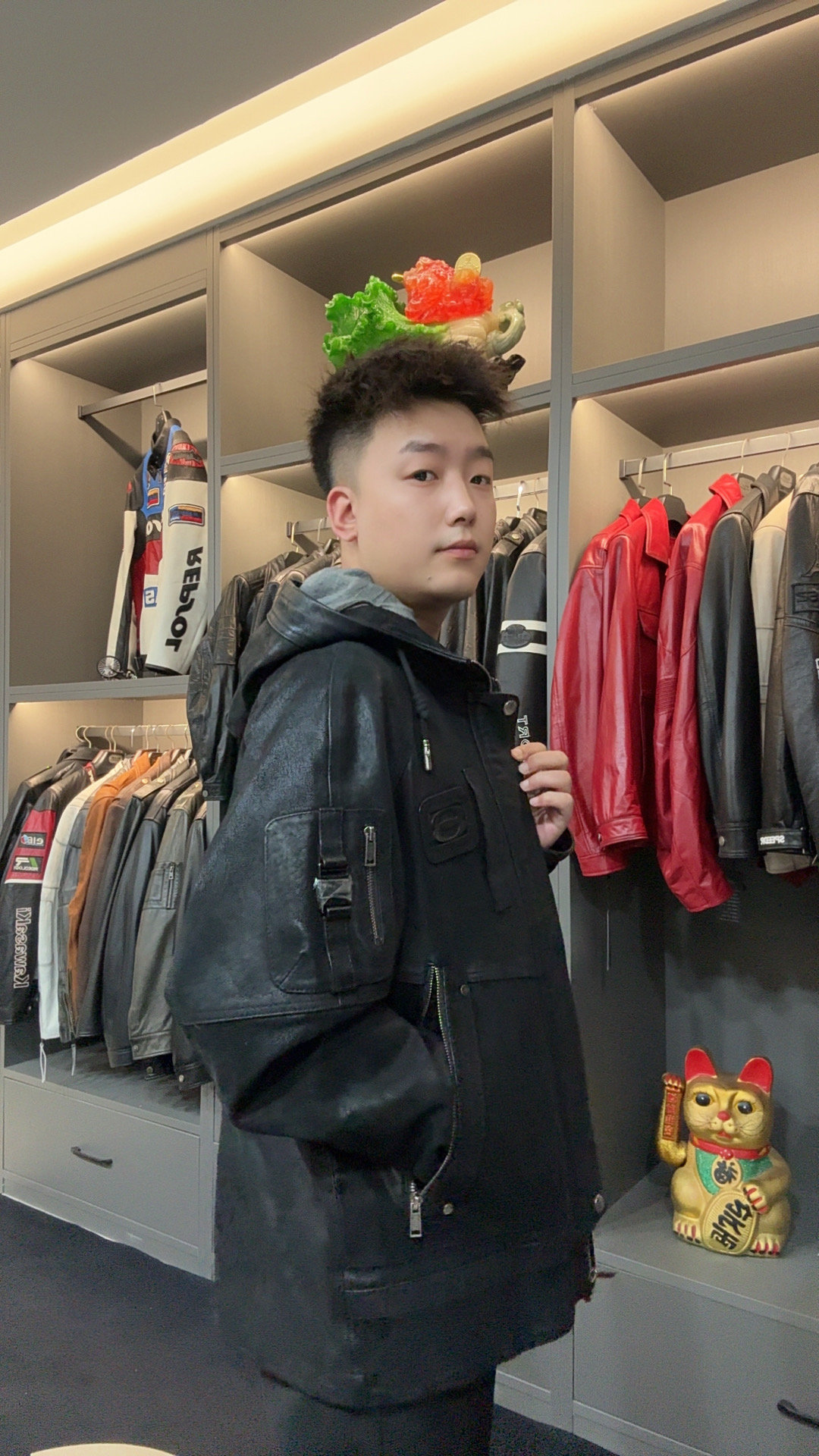 真皮皮衣男蜡感山羊茶色连帽宽松蝙蝠袖外套25330