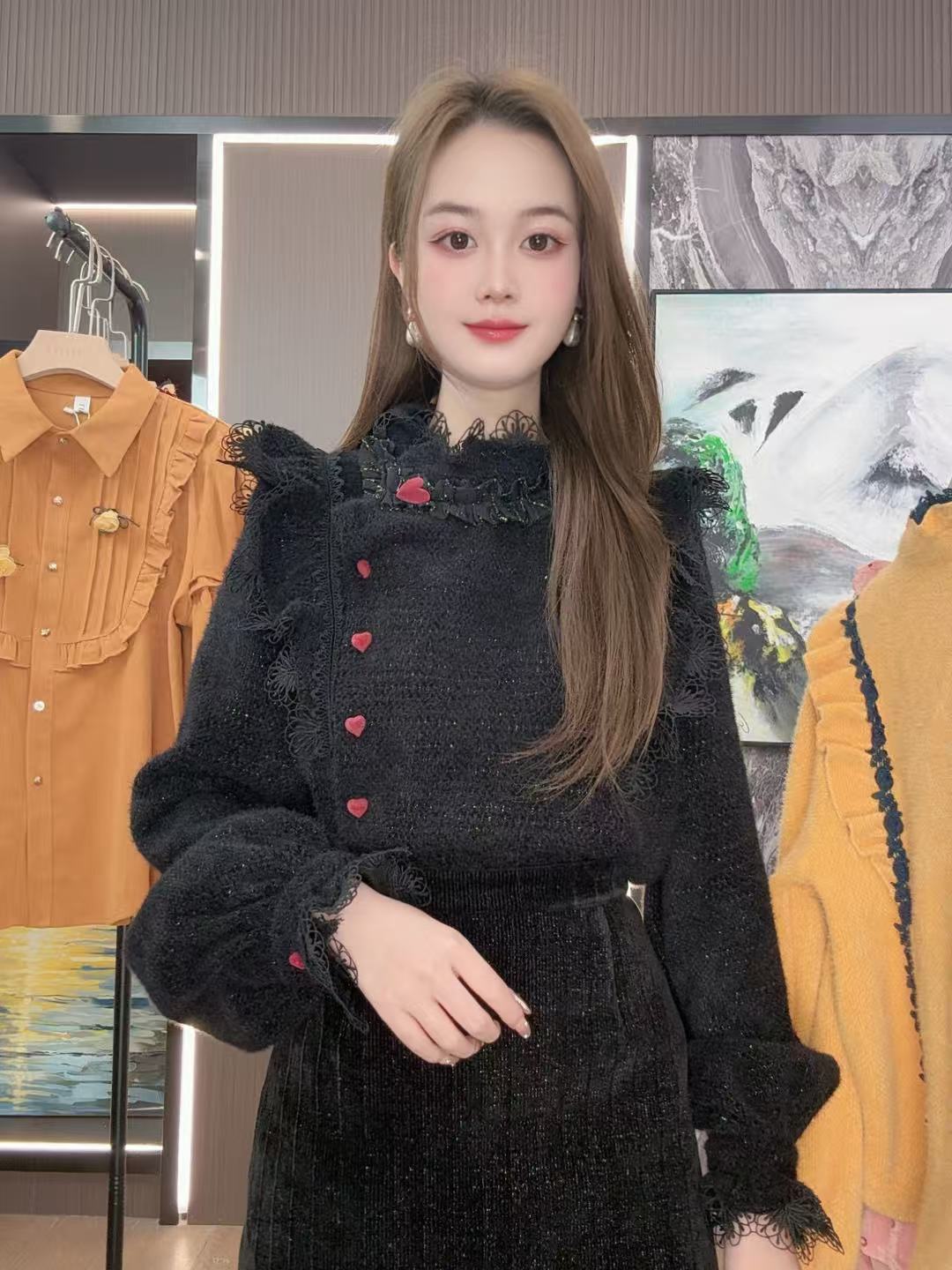 【781】法式花边立领复古精致木耳边长袖设计感秋冬新款斜港风衬衣