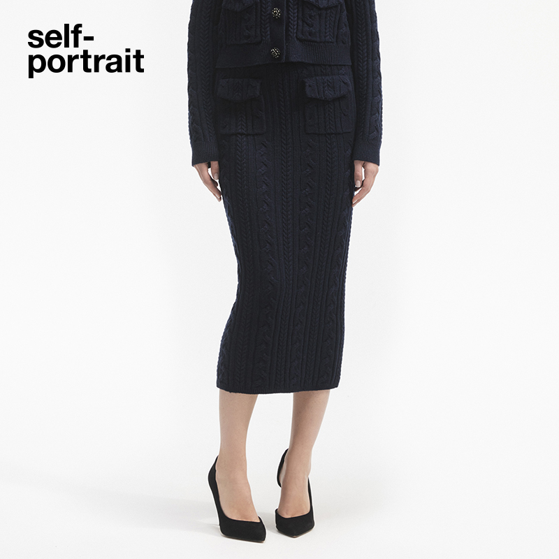 self-portrait 早春藏蓝色绞花针织包臀长裙半身裙