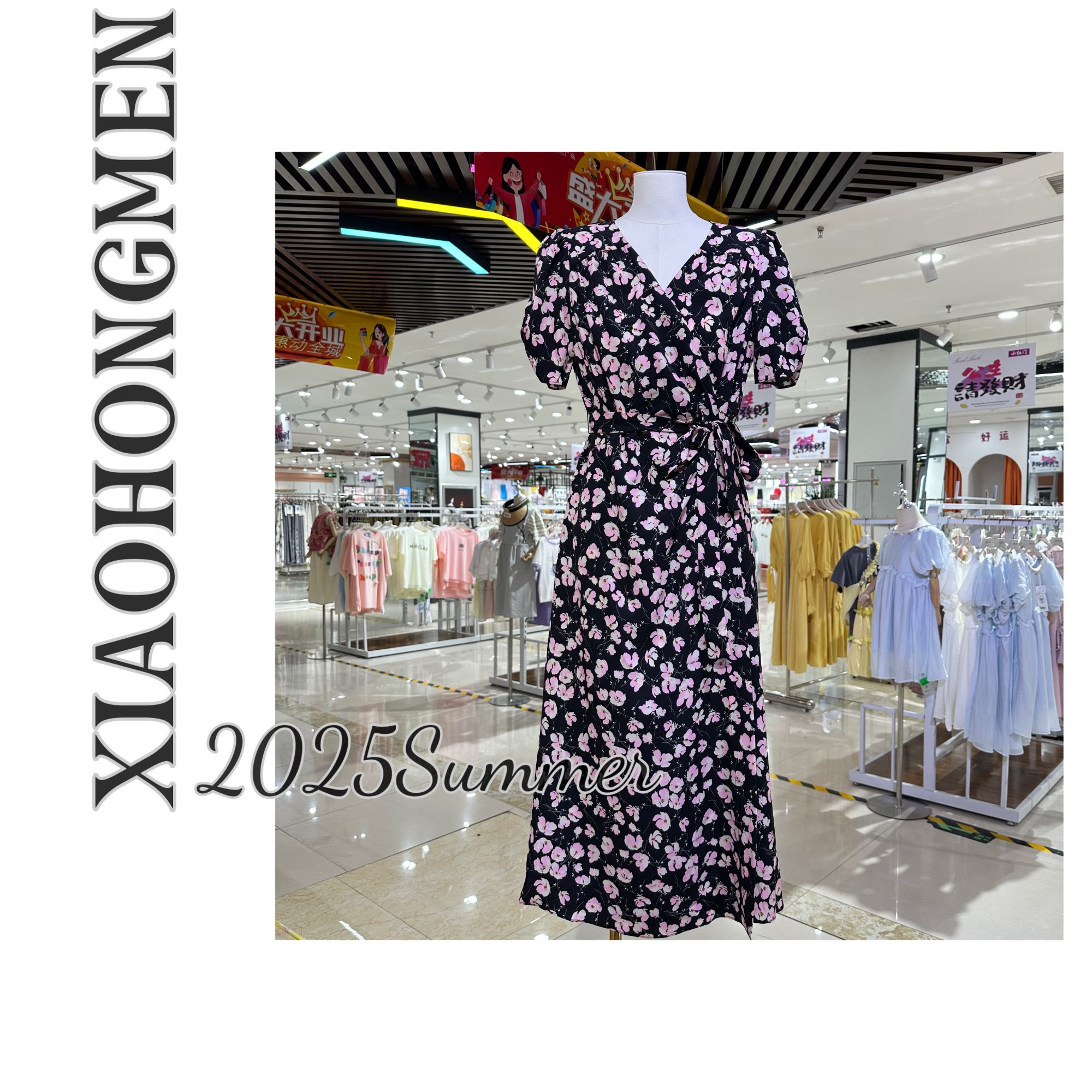 A236 2025夏季新款法式裹身裙黑底印花气质显瘦一片式腰带连衣裙