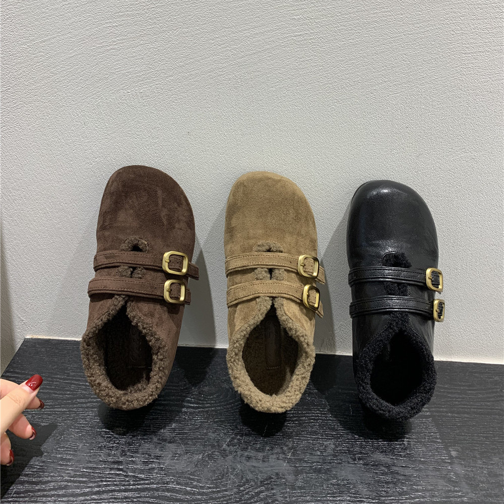 平底加绒乐福鞋子女秋冬毛毛鞋保暖加厚棉鞋黑色单鞋软底女鞋1