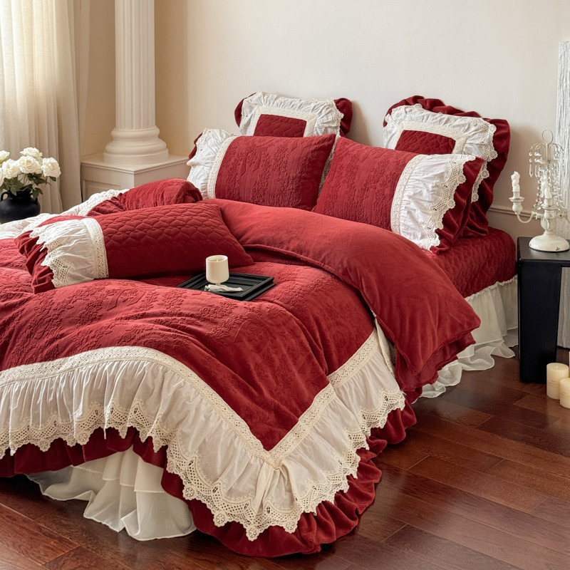 公主风床上牛奶绒床盖款四件套双面绒加厚被套主卧高级感法式韩版