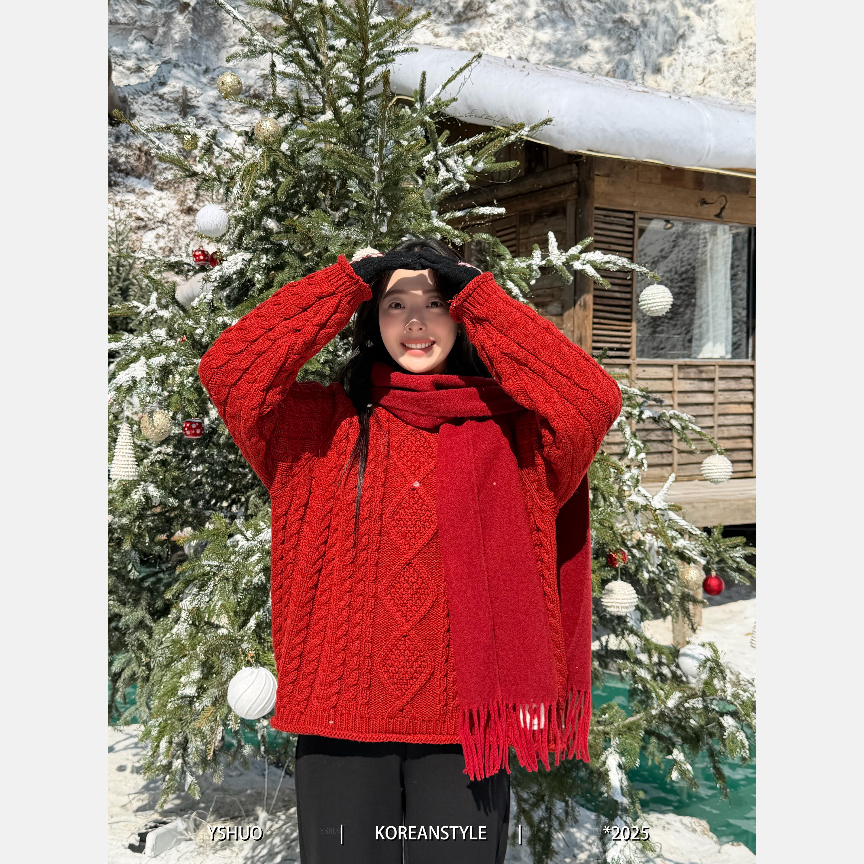 YSHUO【野莓浆果】秋冬加厚保暖圆领氛围感麻花卷边套头毛衣 25632