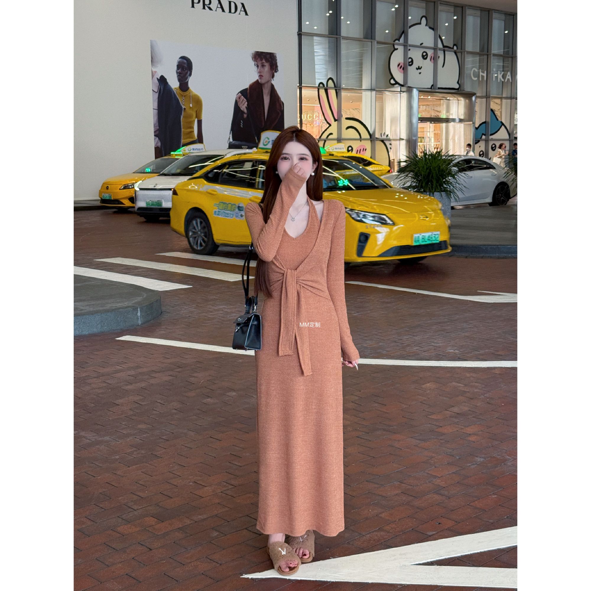 【慢调巴黎】甜美治愈挂脖假两件长裙收腰绑带开叉长袖连衣裙A476