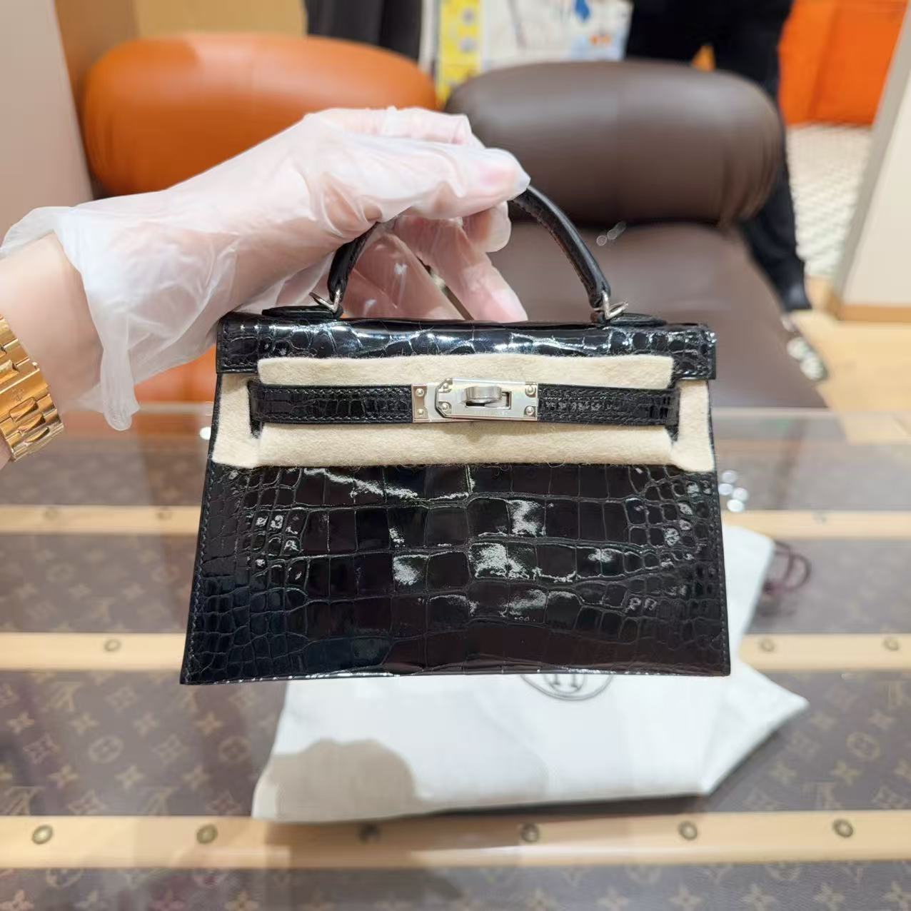 未使用 Hermes/爱马仕 minikelly二代 黑银 亮面方块鳄鱼！W 刻！