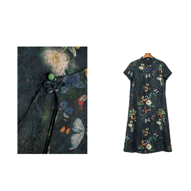 [花未眠] 25夏季新款提花花萝皱琉璃扣香云纱连衣裙