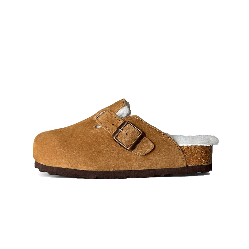 半包博肯加绒日式素面极简风棕色半拖平底包头拖纯色复古