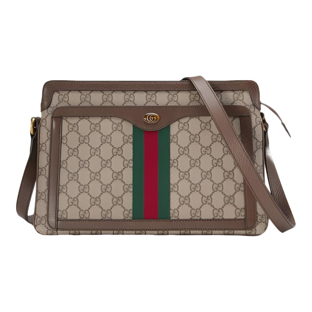 未使用 GUCCI/古驰 女款老花logo条纹织带帆布拼皮风琴单肩斜挎包
