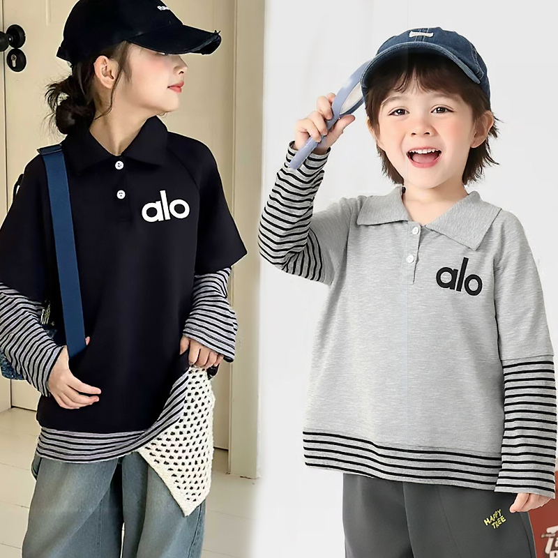 纯棉女孩拼接条纹长袖T恤男童polo衫春秋季儿童卡通帅气字母上衣