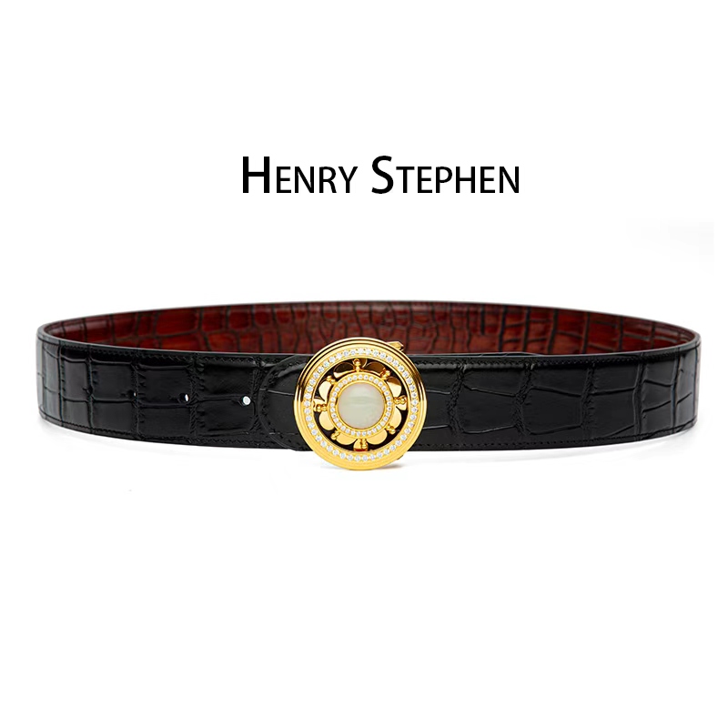 3.8宽史蒂芬时来运转带玉石镶砖鳄鱼皮男皮带商务高档正装腰带