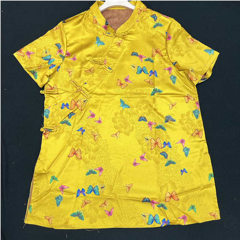 【彩蝶】欧韩童话2025款复古立领短袖小衫蝴蝶提花斜襟盘扣上衣