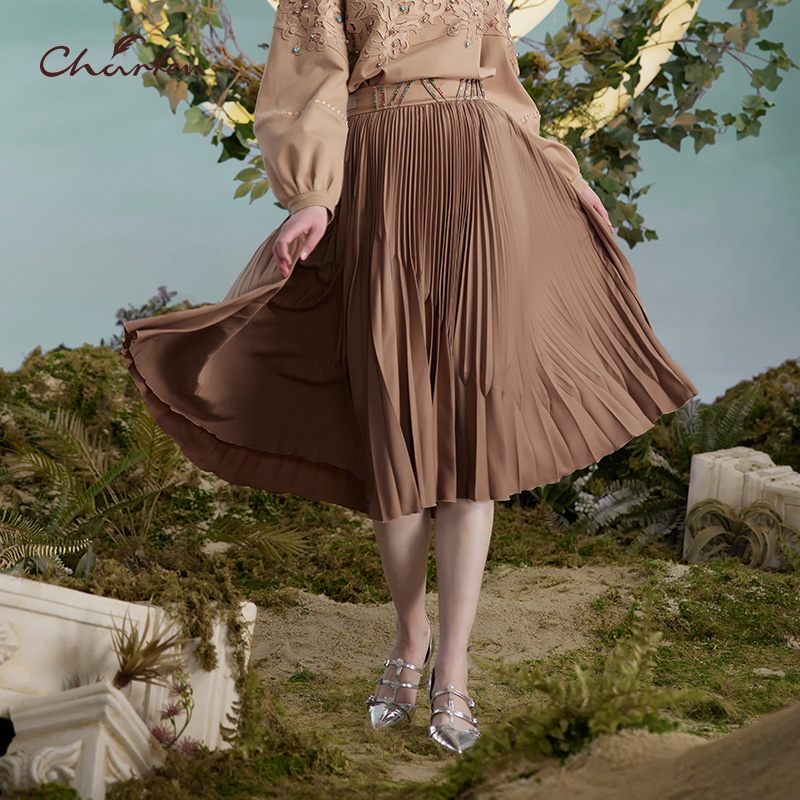 【达人专属】朝峰秋季高腰A字半身裙显瘦百褶裙褶皱CFD3C036-0063E