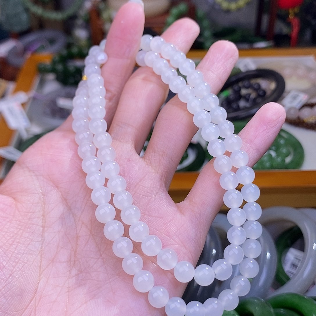 和田玉新疆银镶白玉项链6MM未镶嵌