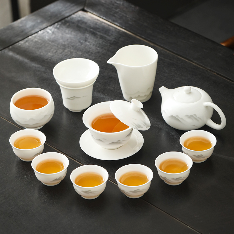 水墨群山悬停盖碗德化羊脂玉白瓷功夫茶具套装高端全套家用办公室