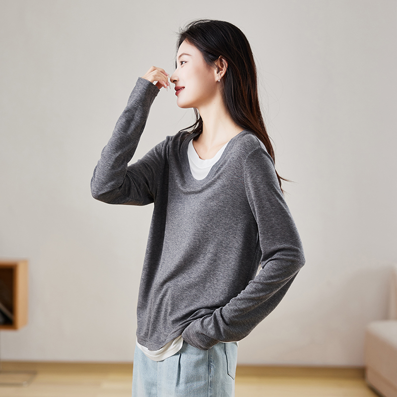 索菲丝尔莱赛尔羊毛假两件长袖打底衫女2025秋季T恤上衣517019