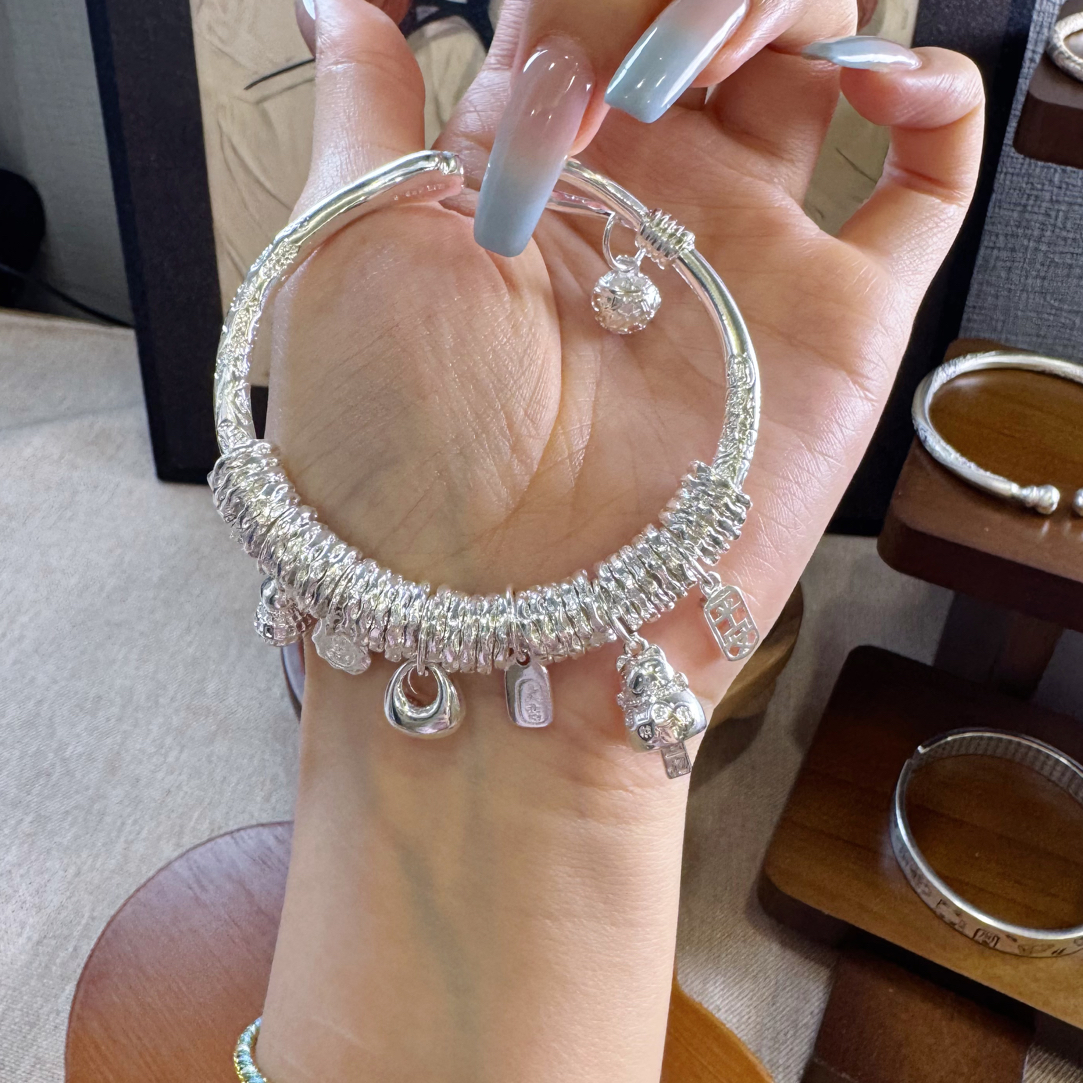 足银手镯 足银999.9银手镯猫爪盘缠百搭饰品约60克 52-62圈口