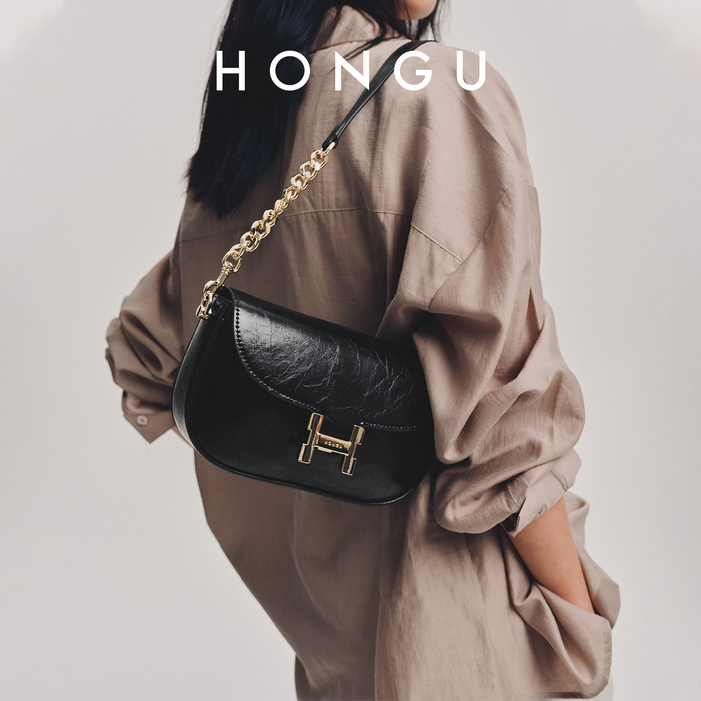 HONGU/红谷质感牛皮单肩包马鞍包时尚腋下包链条斜挎包H5176889X