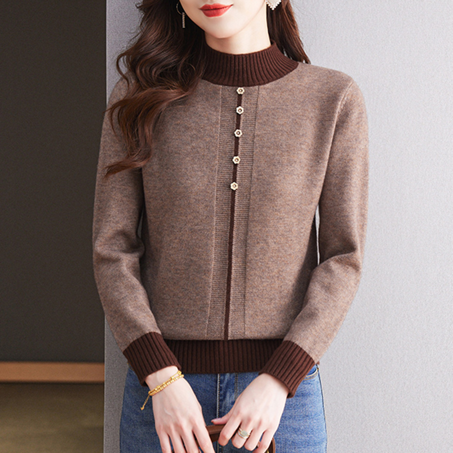 DILAN狄岚【半高领拼色毛衣针织衫】冬季毛针织衫保暖打底