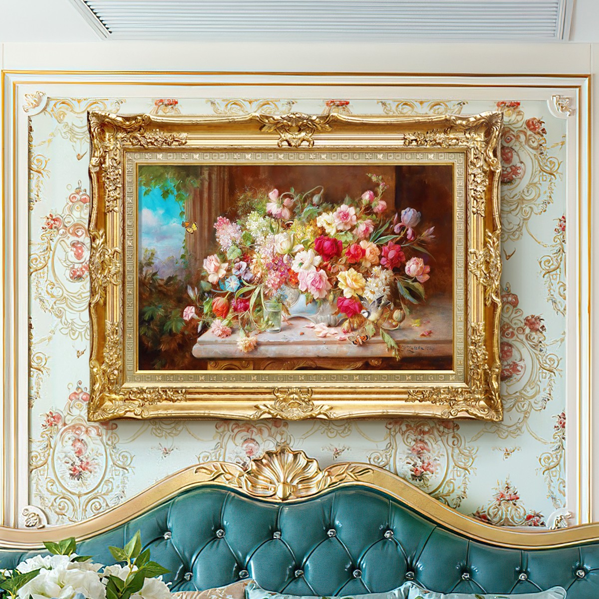 欧美油画美式复古餐厅装饰画花卉立体油画别墅客厅画