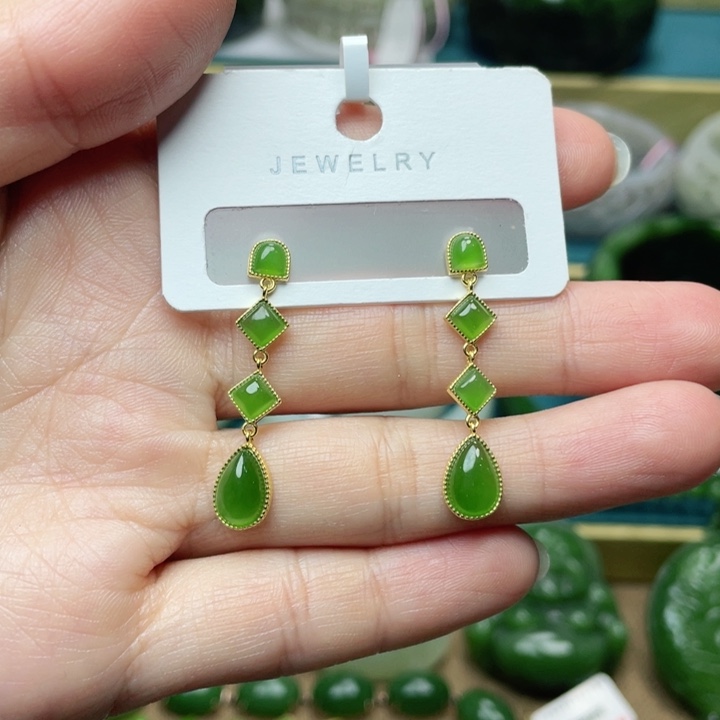 和田玉耳饰银S925镶嵌