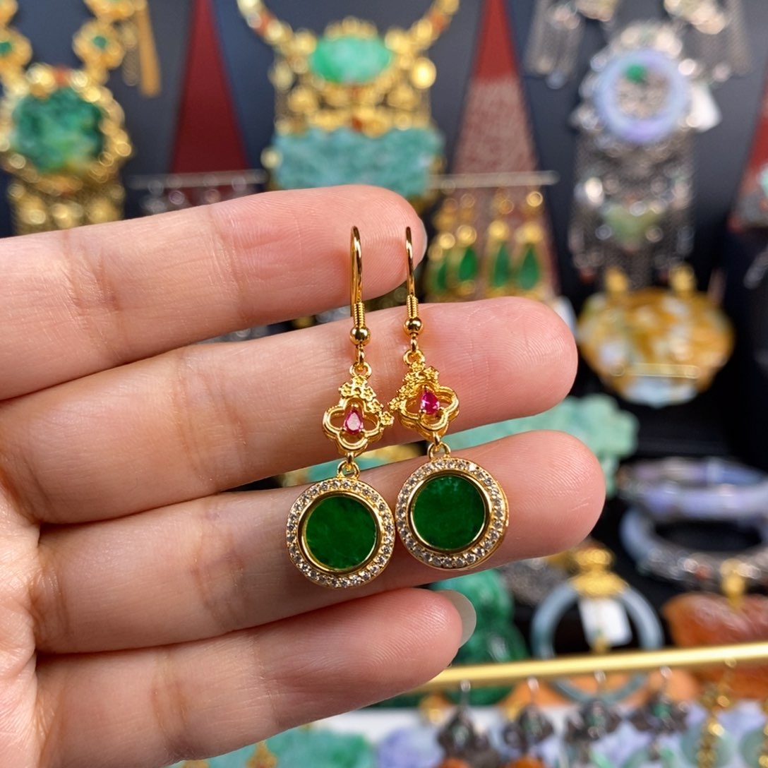 翡翠耳饰银S925镀金镶嵌团圆牌耳坠 炸价