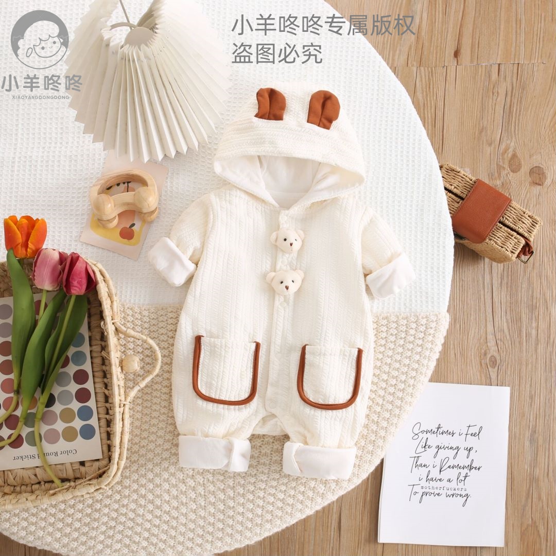 秋季新款男女宝宝双层两只立体小熊连帽耳朵哈衣外出服爬爬服
