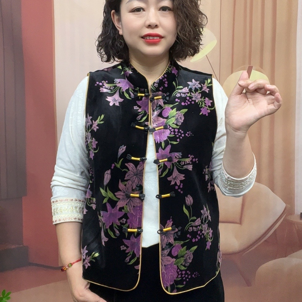 中国风中老年女装秋冬盘扣中式马夹时尚纽扣双层立领