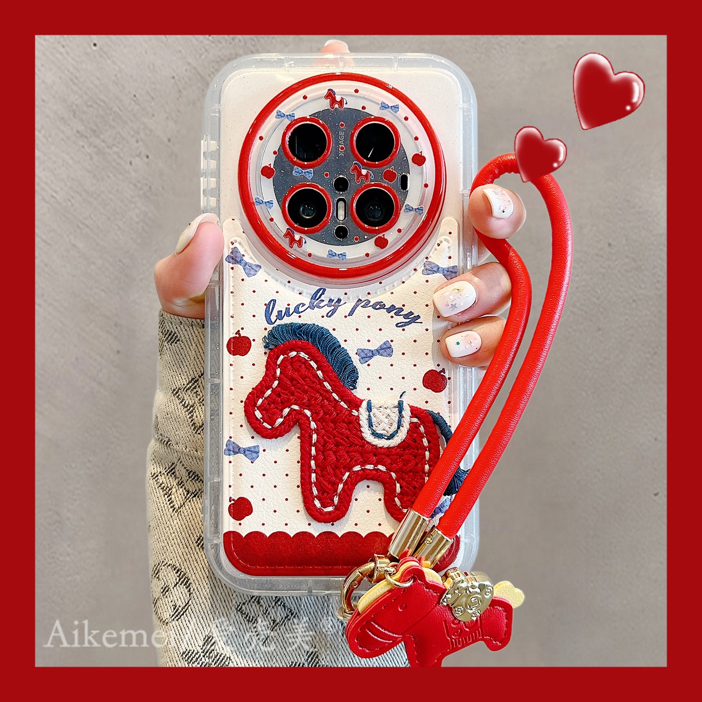 适用华为mate80promax手机壳红色皮质mate70pro+波点苹果刺绣小马