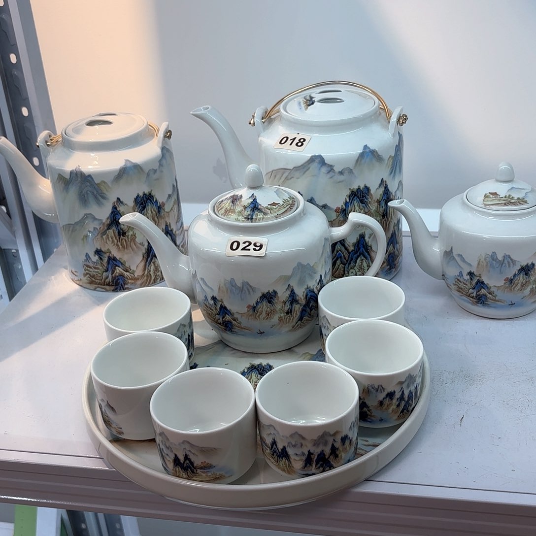 壶陶瓷千里江山图侧把壶➕六个杯子➕茶盘