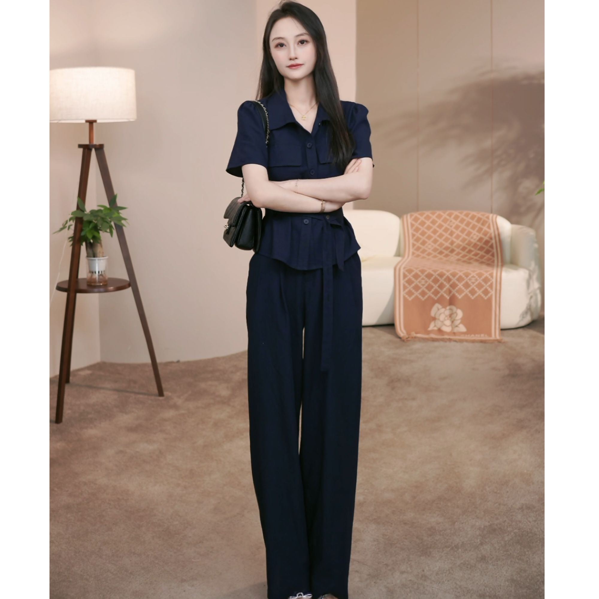显瘦气质衬衫夏季新款垫肩收腰短袖长裤两件套10254