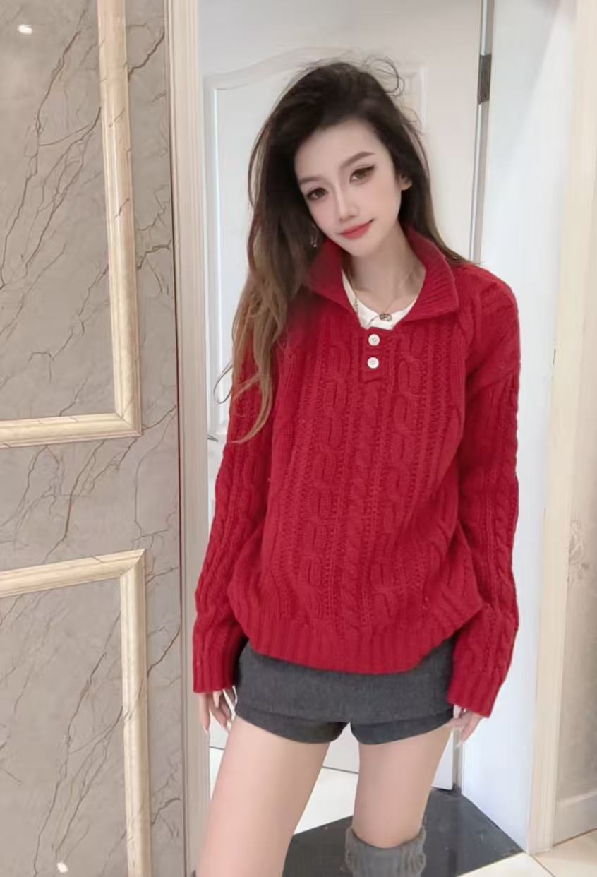 【100山羊绒】轻奢254673-百搭减龄手工绞花翻领针织套头衫