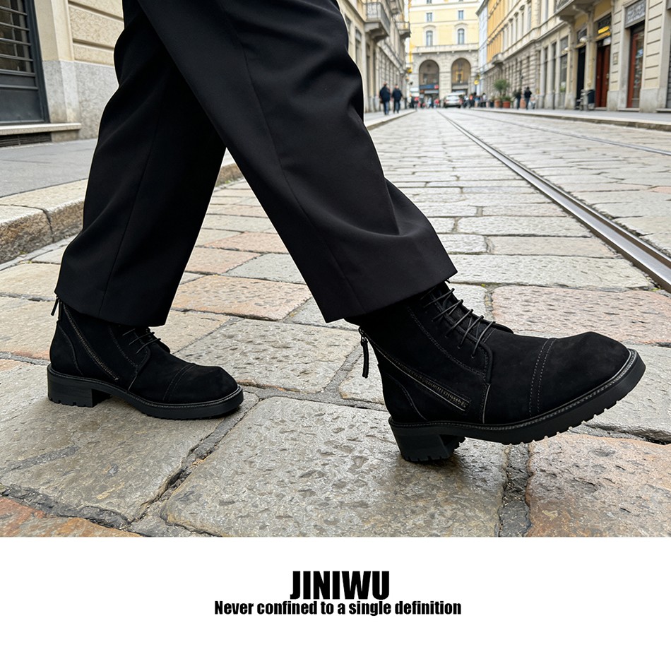 JINIWU吾倪季2025方头马丁靴厚底磨砂牛皮短靴双拉链皮靴潮黑男靴