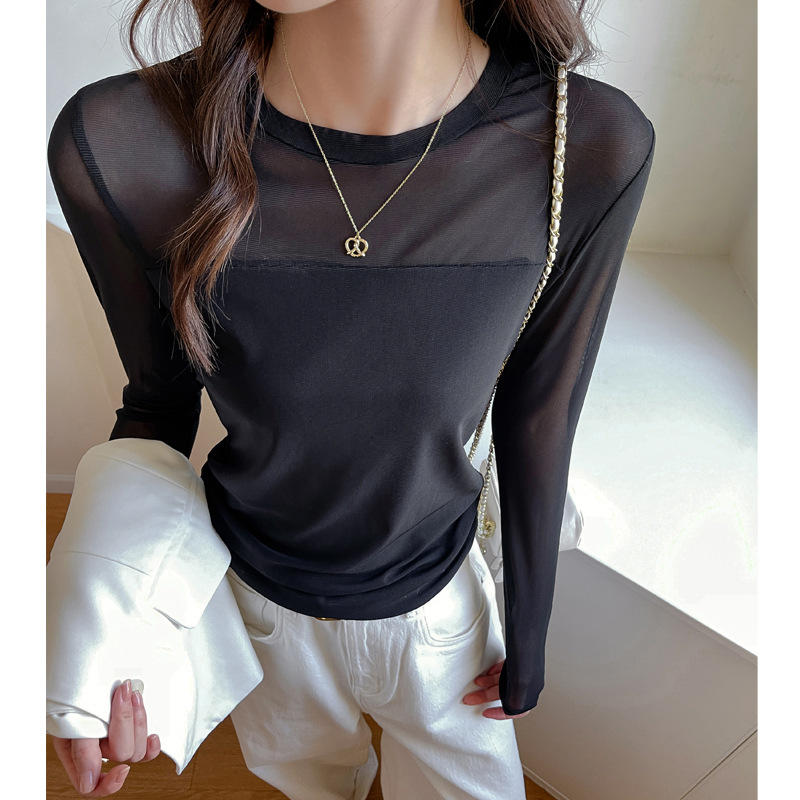 严选新款长袖t恤女黑色微透网纱高级感内搭圆领辣妹上衣可外穿