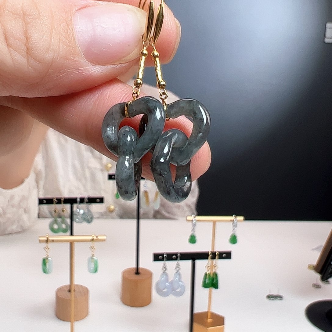 翡翠18K金镶嵌耳饰天然翡翠