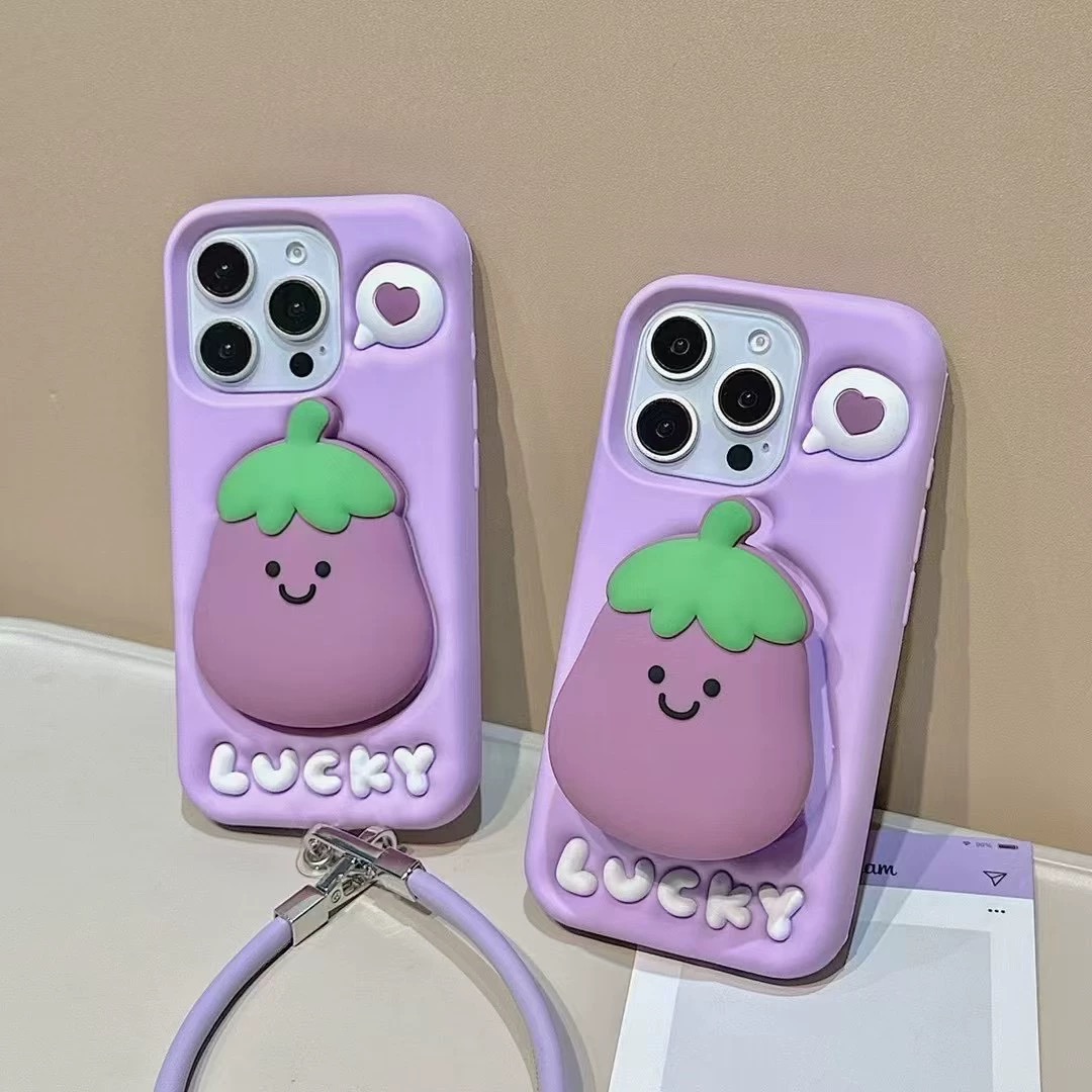 【适用苹果】女款紫色茄子支架可爱iPhone16卡通创意立体硅胶手机壳