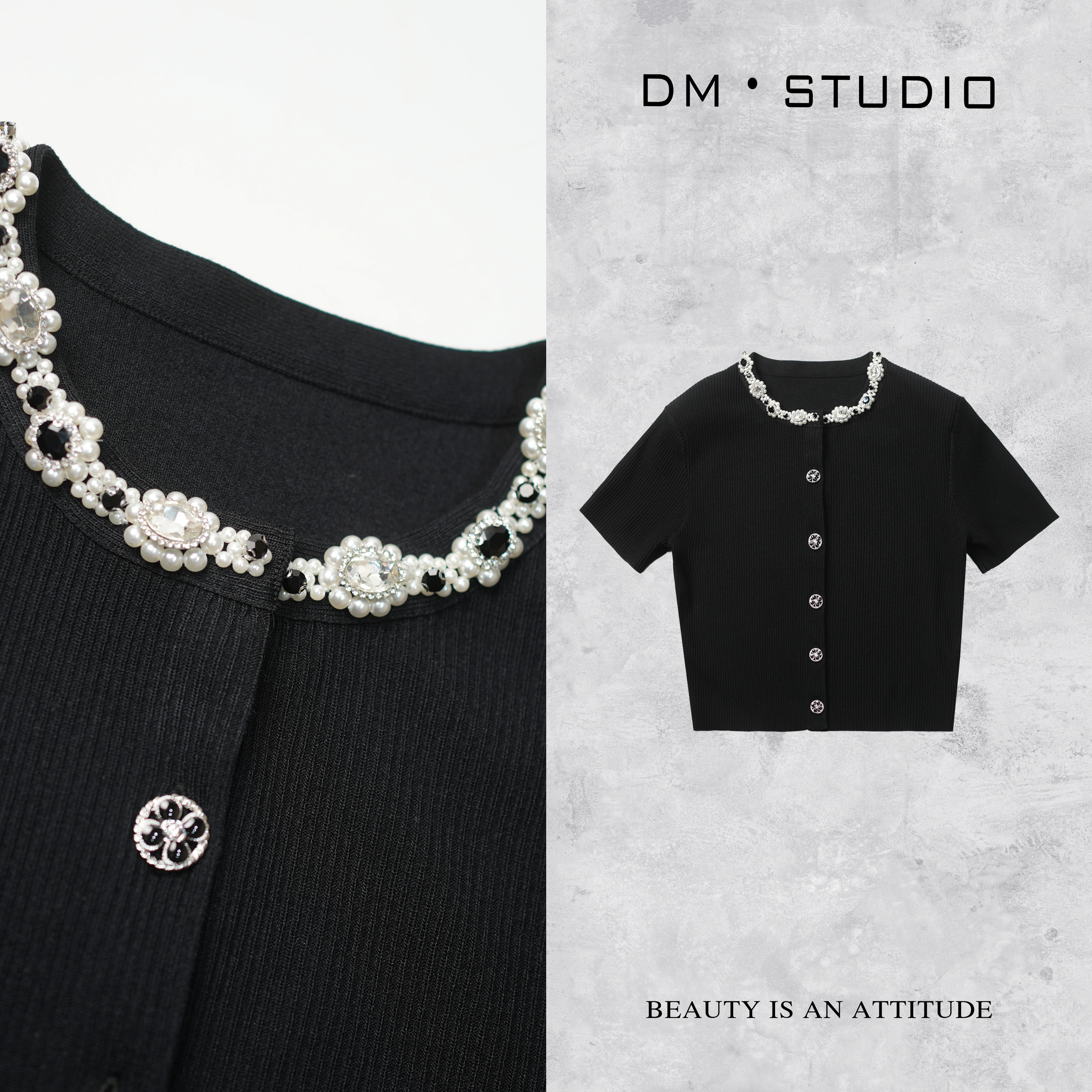 DEDM•STUDIO/减龄精致串珠钻领排扣针织开衫上衣2504ZZS/QL98061