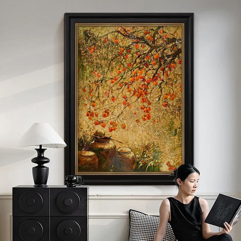 万柿如意中古风高级感客厅肌理手绘油画寓意装饰画入户玄关挂画