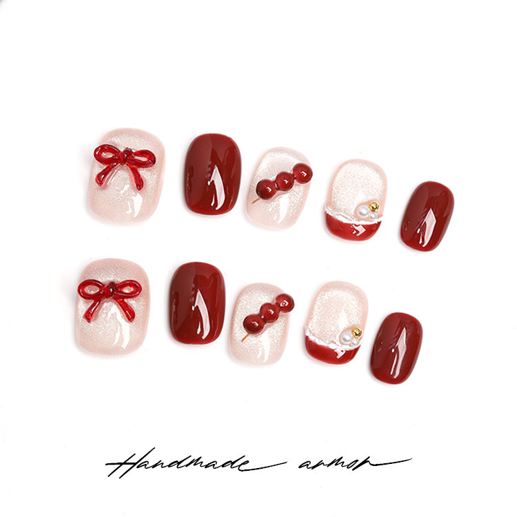 【冰糖葫芦】纯手工穿戴甲短款冰透粉色爆闪猫眼红色蝴蝶结新年甲片