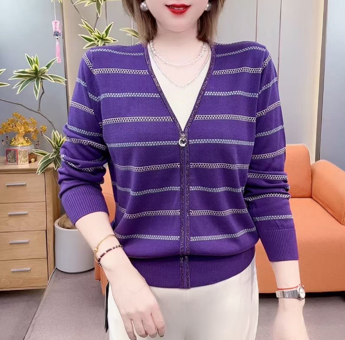 2025秋季时尚条纹假两件长袖天丝衫83131