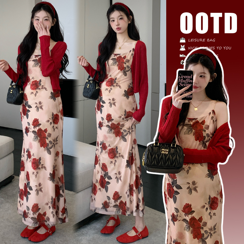 实拍现货~2025春夏套装辣妈时尚法式玫瑰花朵吊带裙+开衫两件套