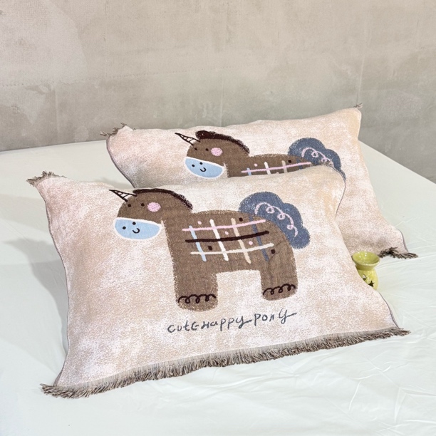 纯棉纱布枕巾可爱卡通枕头盖巾柔软亲肤透气卡通吸汗简约流苏一对