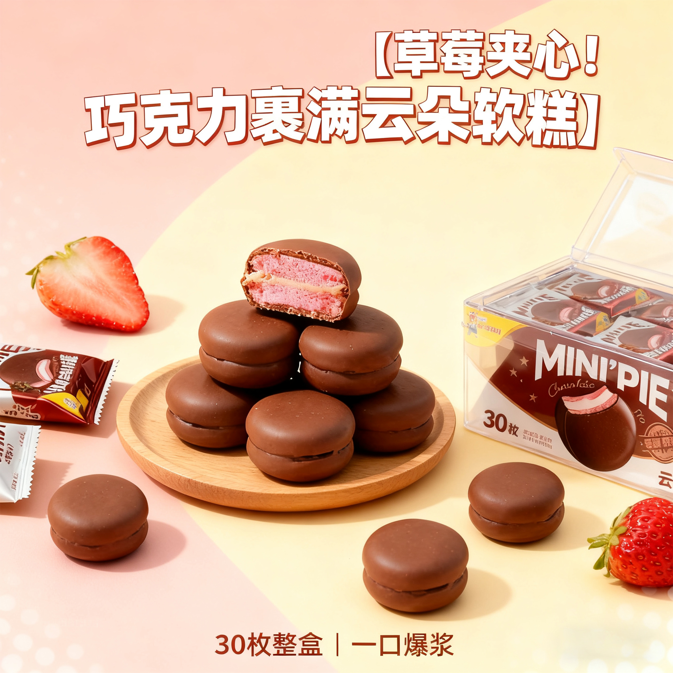 ALiBOBO网红香浓草莓味迷你巧克力派休闲办公小零食300克实惠装