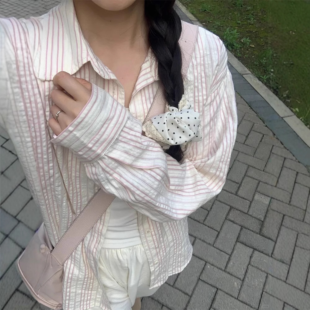 复古条纹多巴胺防晒衬衫女装夏季2025新款宽松慵懒风衬衣外套上衣