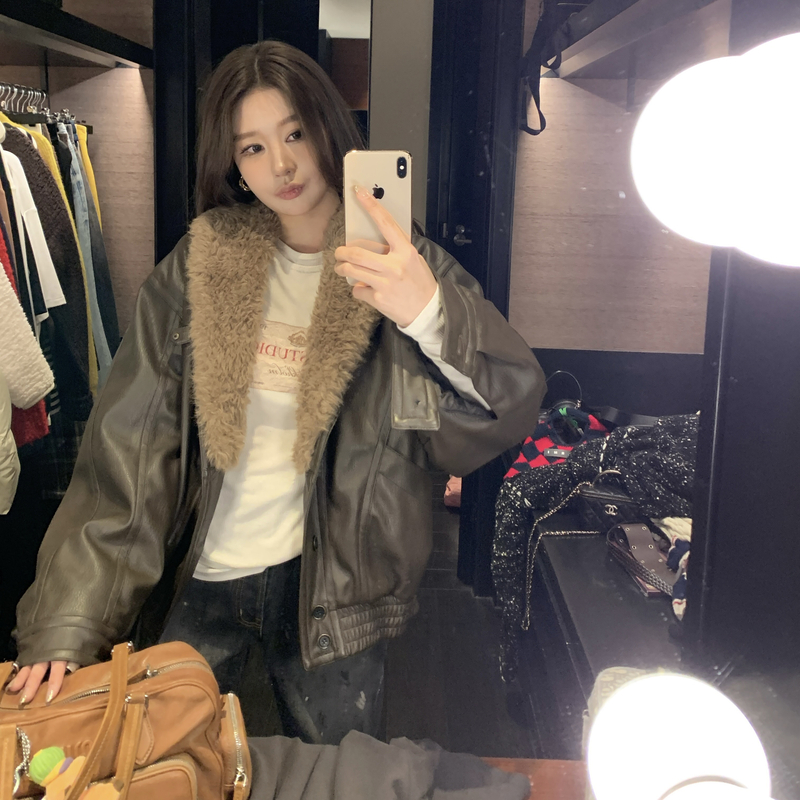 311-NO退NO换【高定货】毛领衔棉夹克女港风小众设计感帅气皮棉服