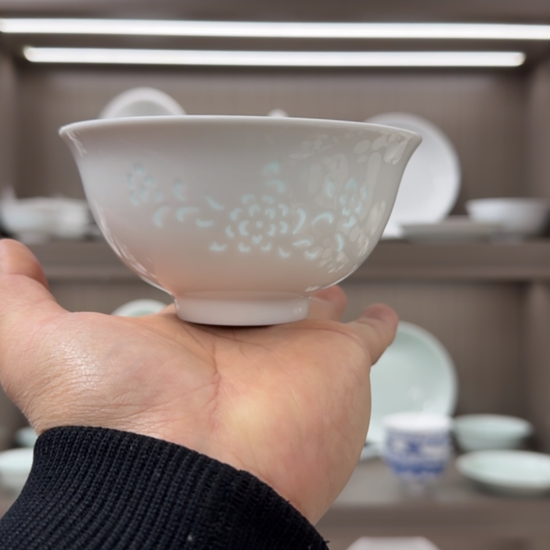 白瓷纯白色牡丹花玲珑4.7英寸碗10个