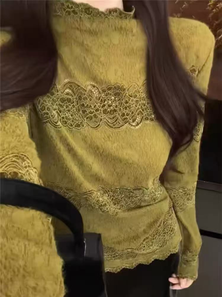 8007#冬季半高领网纱长毛打底衫