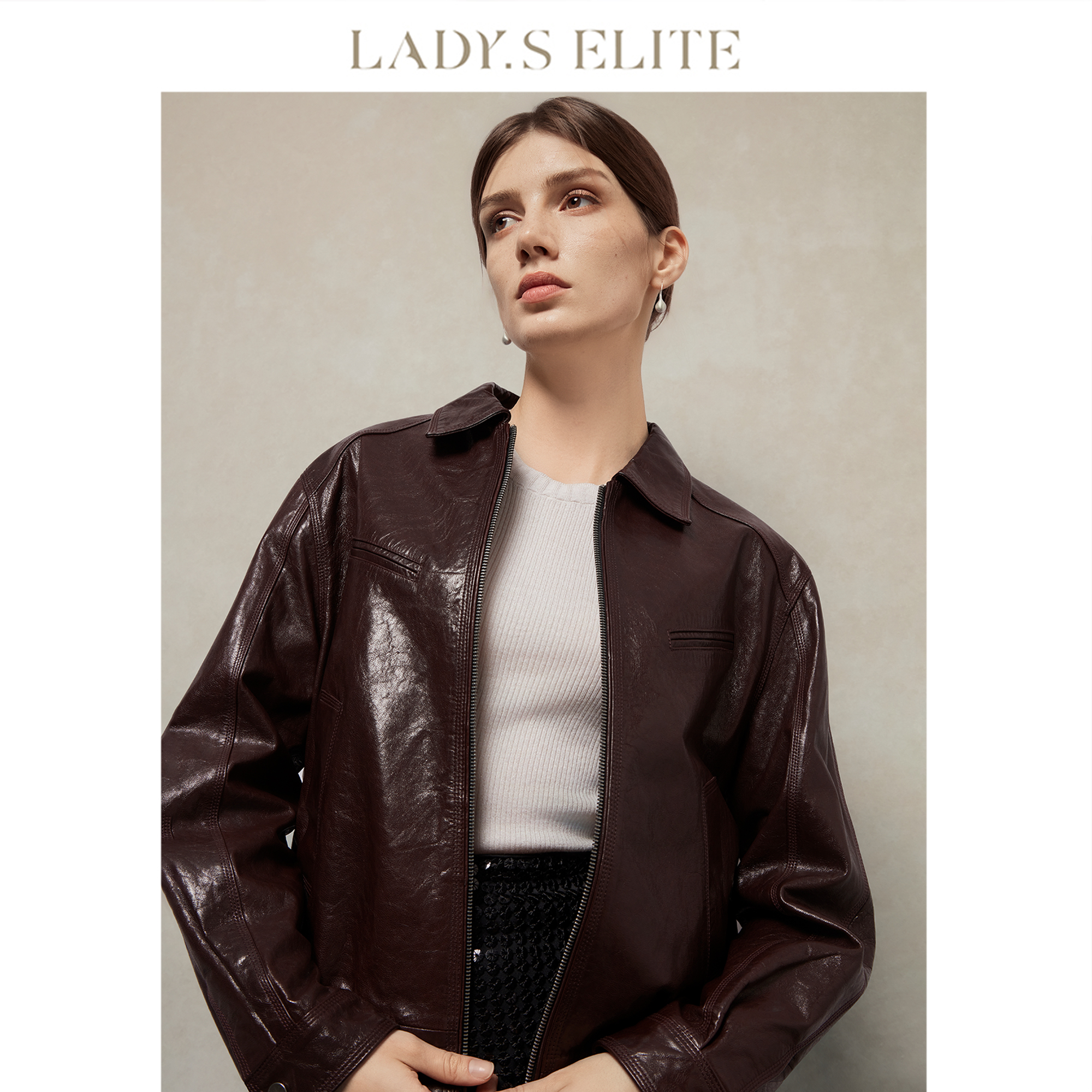 LadySElite 山羊油脂皮夹克女2025早秋新款纯色皮衣外套百搭时尚